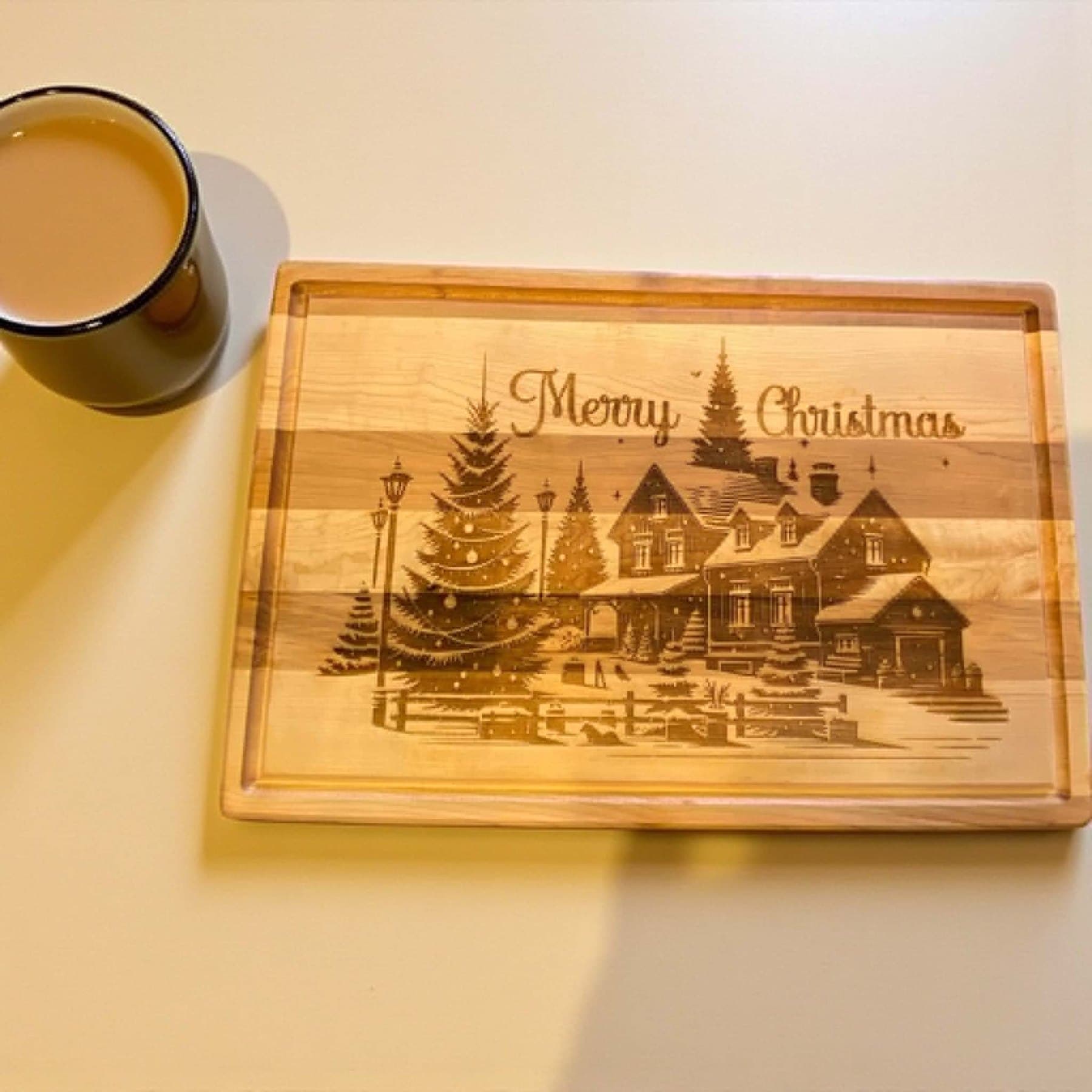 Large maple board with a juice groove and a detailed engraved scene