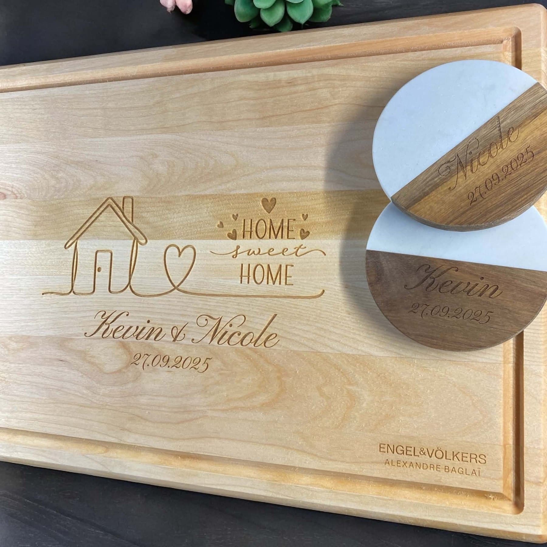 Large maple board and two marble coasters engraved with names and a date